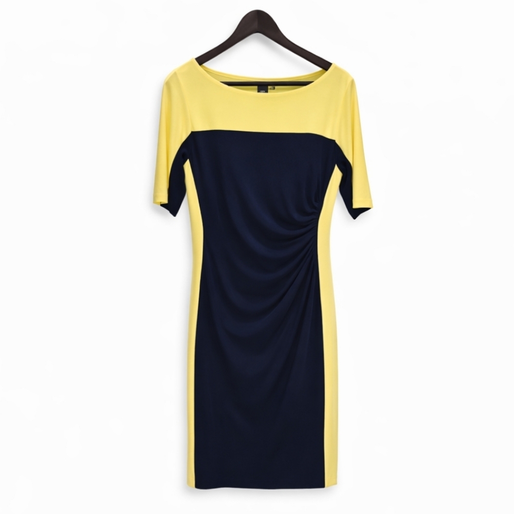 Lauren Ralph Lauren Navy And Yellow Faux Wrap Bodycon Dress Sz 12